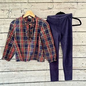 CrewCuts Girl's long sleeve, ruffle dress shirt and velvet leggings set